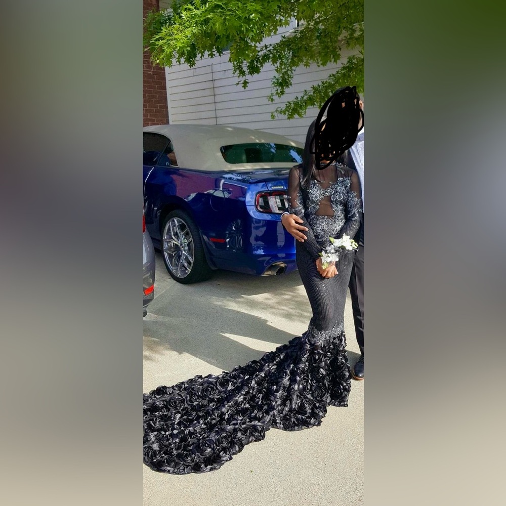 Black Beaded Mermaid Prom Dress with Floral Train
